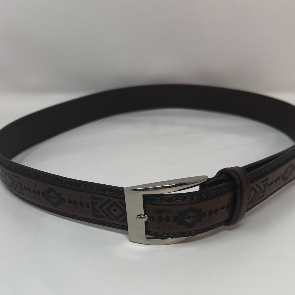 Men’s Belt Canyon Sky Size 40 Southwest Aztec Design Brown 1” Wide Double Stitch